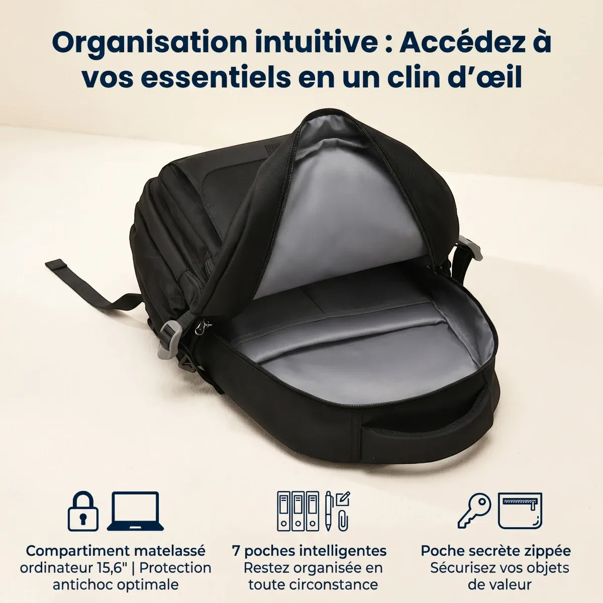 Vue intérieure de l'organisation intuitive du sac à dos ordinateur femme Sillage 9011 et son compartiment matelassé 15,6 pouces.