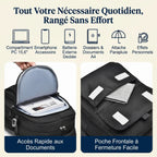 Infographie du sac à dos ordinateur femme Sillage 9011 détaillant les poches pour smartphone, dossiers A4 et effets personnels.