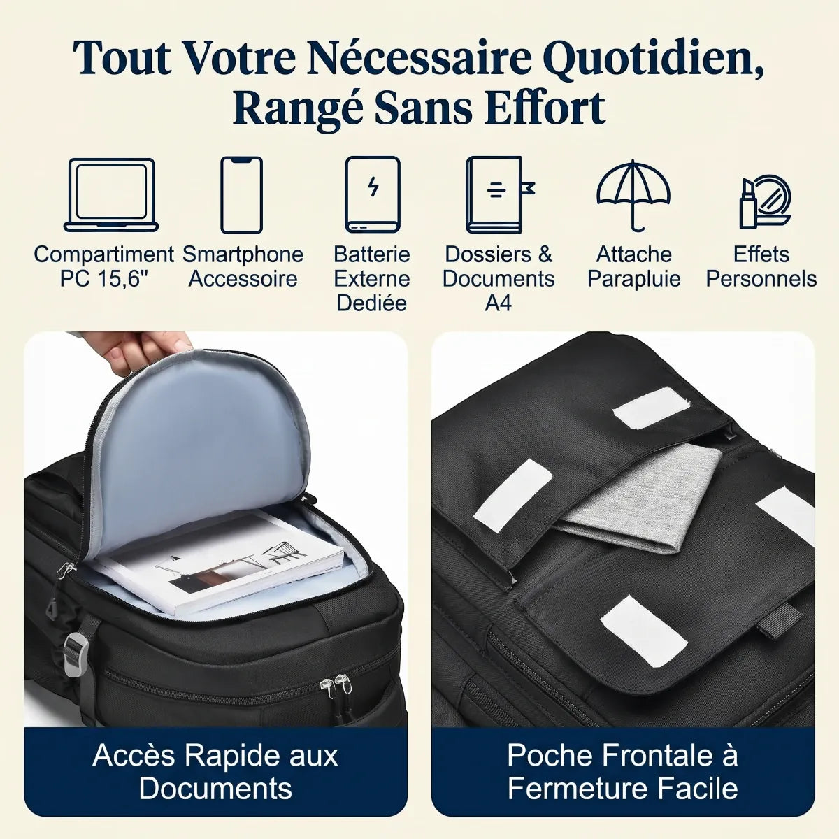 Infographie du sac à dos ordinateur femme Sillage 9011 détaillant les poches pour smartphone, dossiers A4 et effets personnels.