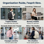 Collage montrant le même sac à dos d'ordinateur pour femme SILLAGE 9011 en quatre couleurs (noir, gris, rose, crème) dans différents contextes : trajet professionnel, coworking, voyage à l'aéroport et transport en métro.