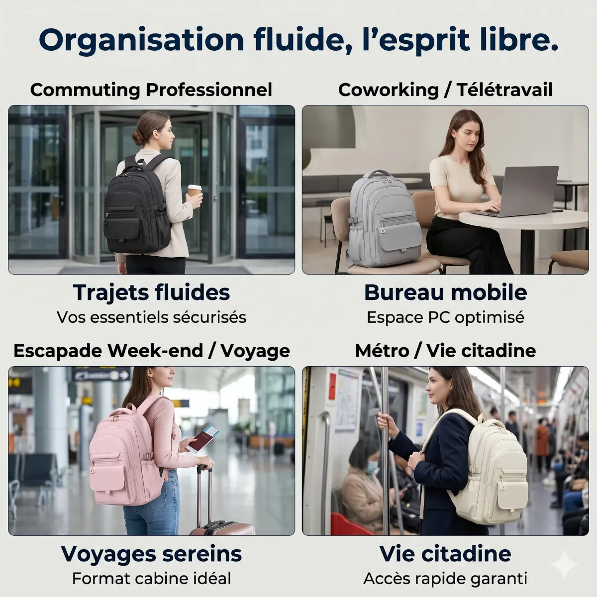 Collage montrant le même sac à dos d'ordinateur pour femme SILLAGE 9011 en quatre couleurs (noir, gris, rose, crème) dans différents contextes : trajet professionnel, coworking, voyage à l'aéroport et transport en métro.