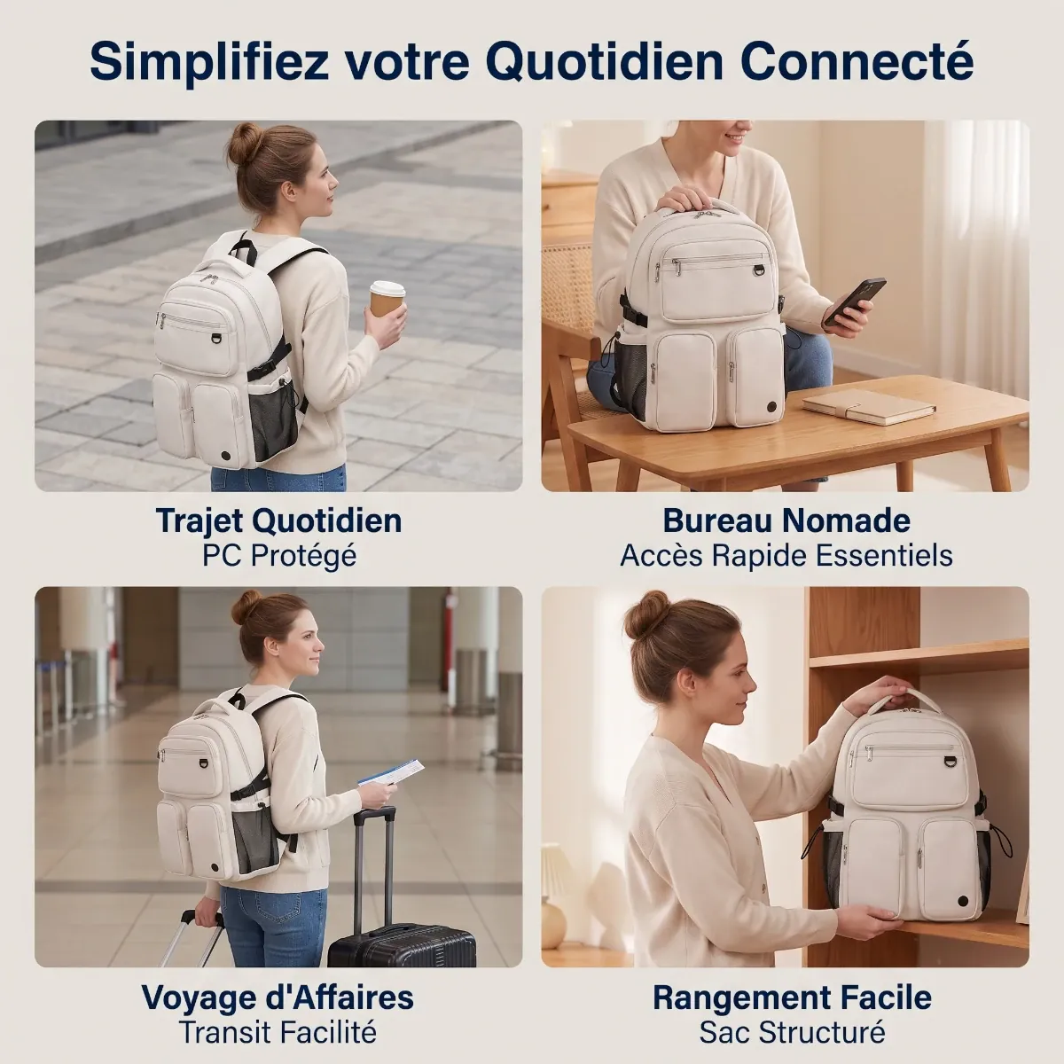 Multiples situations d'utilisation au quotidien du sac à dos ordinateur femme Urbana