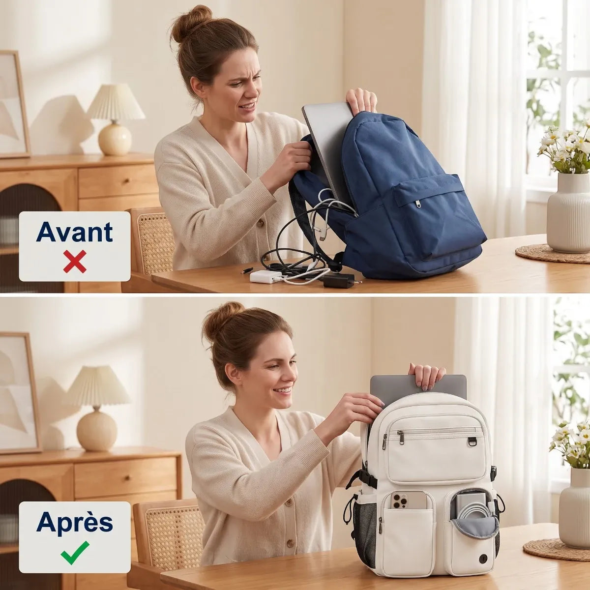 Comparatif avant après d'un rangement optimisé avec le sac à dos ordinateur femme Urbana
