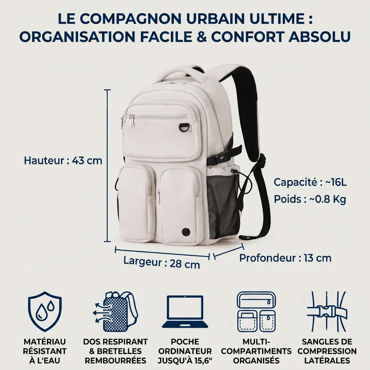 Dimensions détaillées, taille et capacité du sac à dos ordinateur femme Urbana