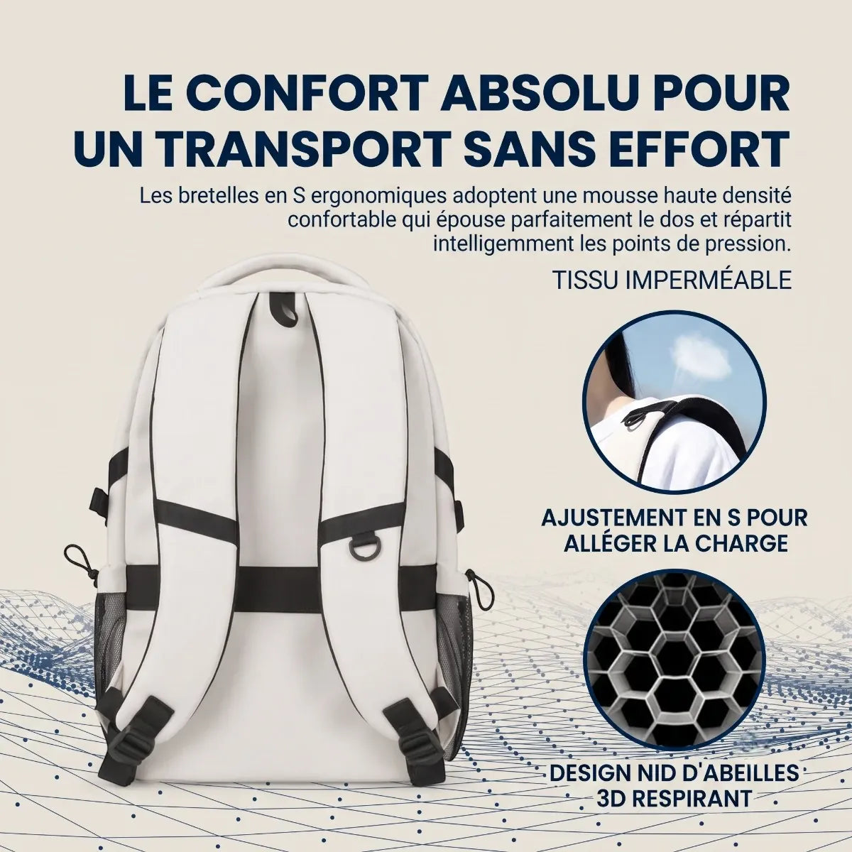 Détail de l'ergonomie et du dos respirant en nid d'abeille du sac à dos ordinateur femme Urbana