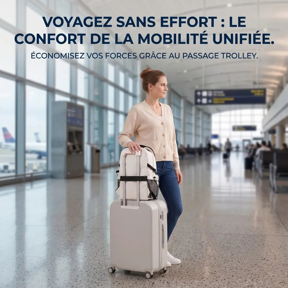 Sac à dos ordinateur femme Urbana fixé sur le passage trolley d'une valise cabine en aéroport
