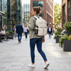 Femme portant le sac à dos ordinateur Urbana lors d'un déplacement en ville