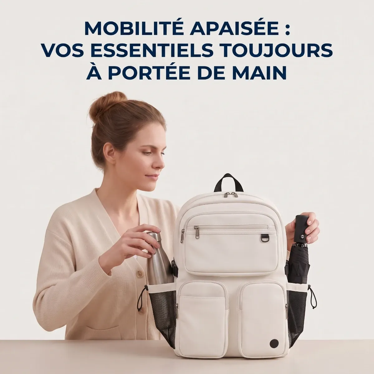 Accès rapide aux poches latérales pour parapluie et gourde du sac à dos ordinateur femme Urbana