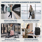 Les quatre scénarios d'usage au quotidien du sac à dos ordinateur femme Viatrix pour le commuting et business.
