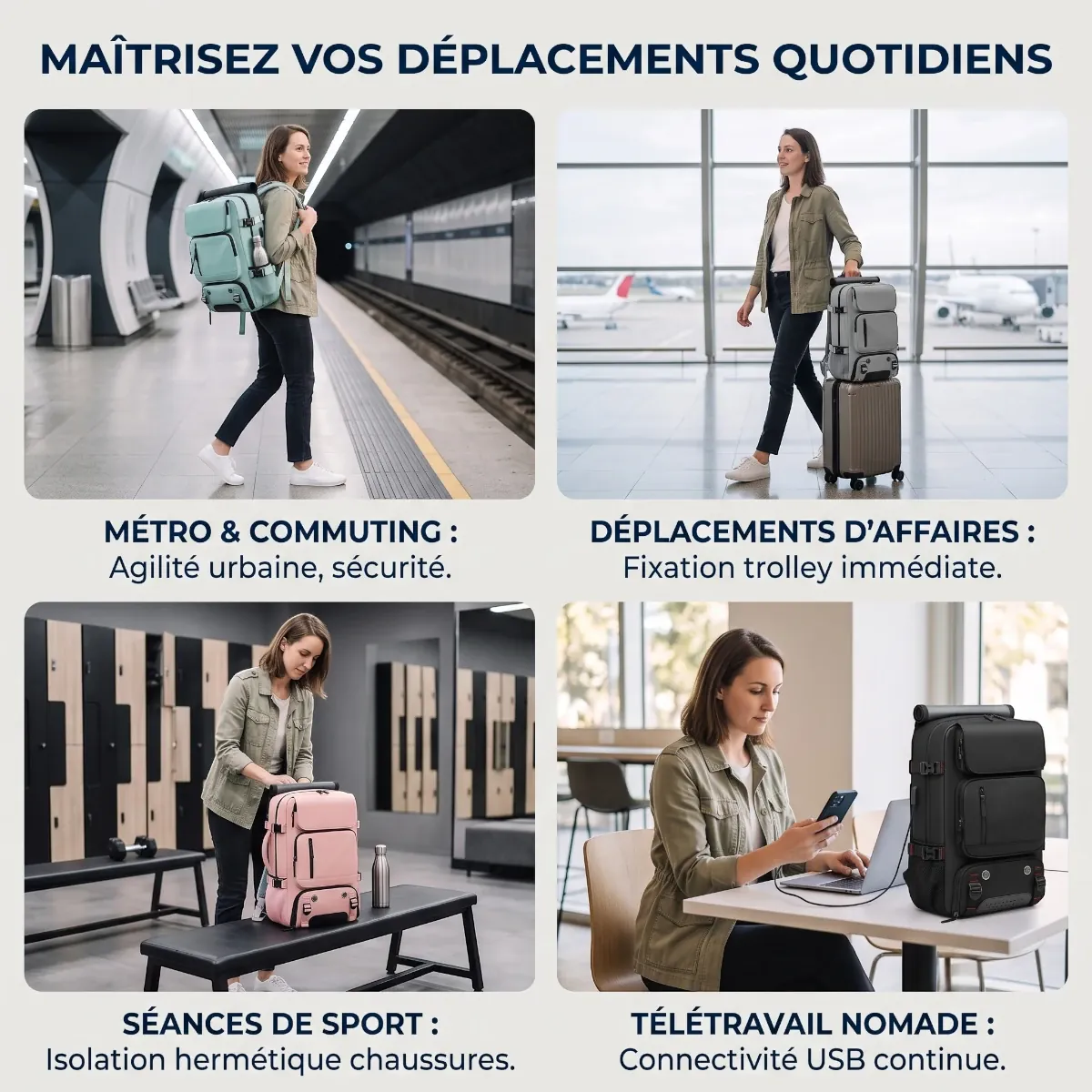 Les quatre scénarios d'usage au quotidien du sac à dos ordinateur femme Viatrix pour le commuting et business.