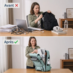 Comparatif avant après montrant le gain d'organisation avec le sac à dos ordinateur femme Viatrix.
