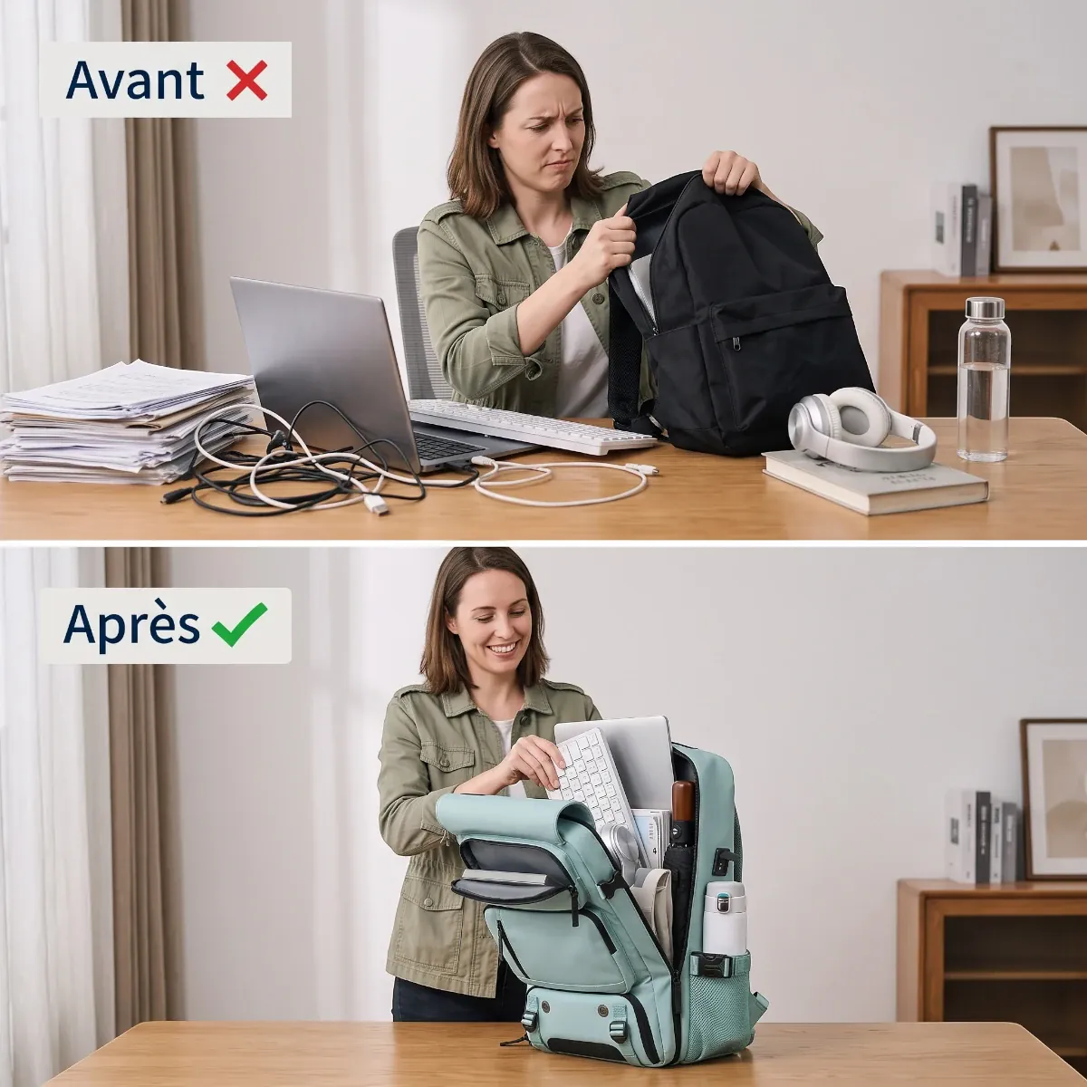 Comparatif avant après montrant le gain d'organisation avec le sac à dos ordinateur femme Viatrix.