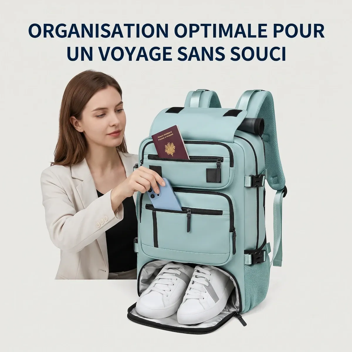 Rangement intérieur et compartiment à chaussures hermétique du sac à dos ordinateur femme Viatrix.