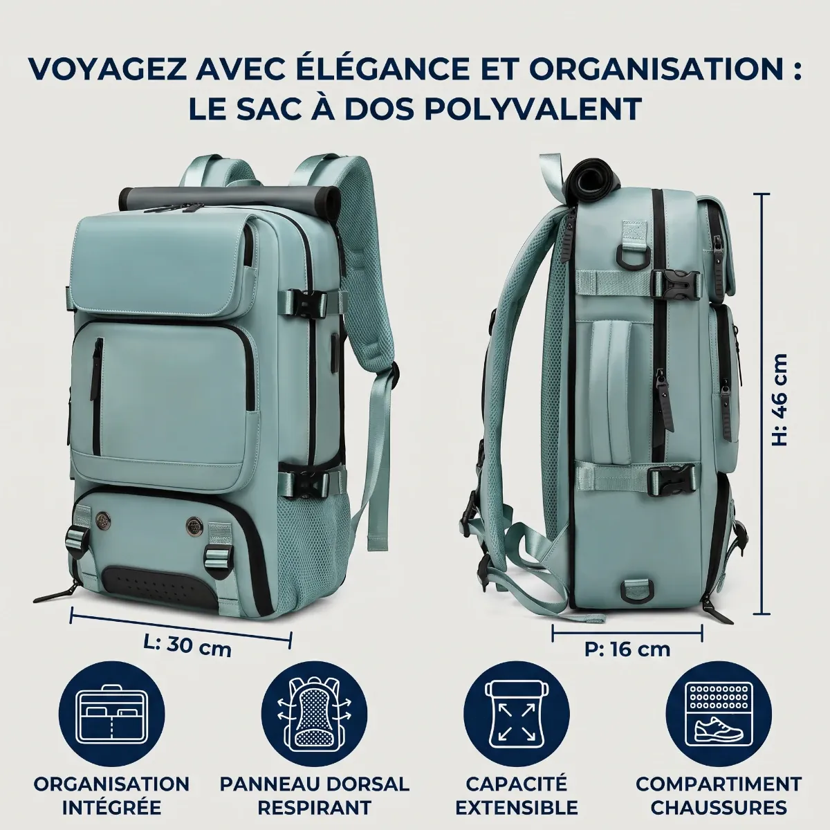 Infographie des dimensions exactes en centimètres du sac à dos ordinateur femme Viatrix.