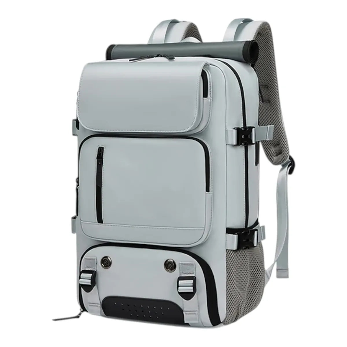 Sac à dos ordinateur femme Viatrix coloris gris clair, vue de trois quarts sur fond blanc.