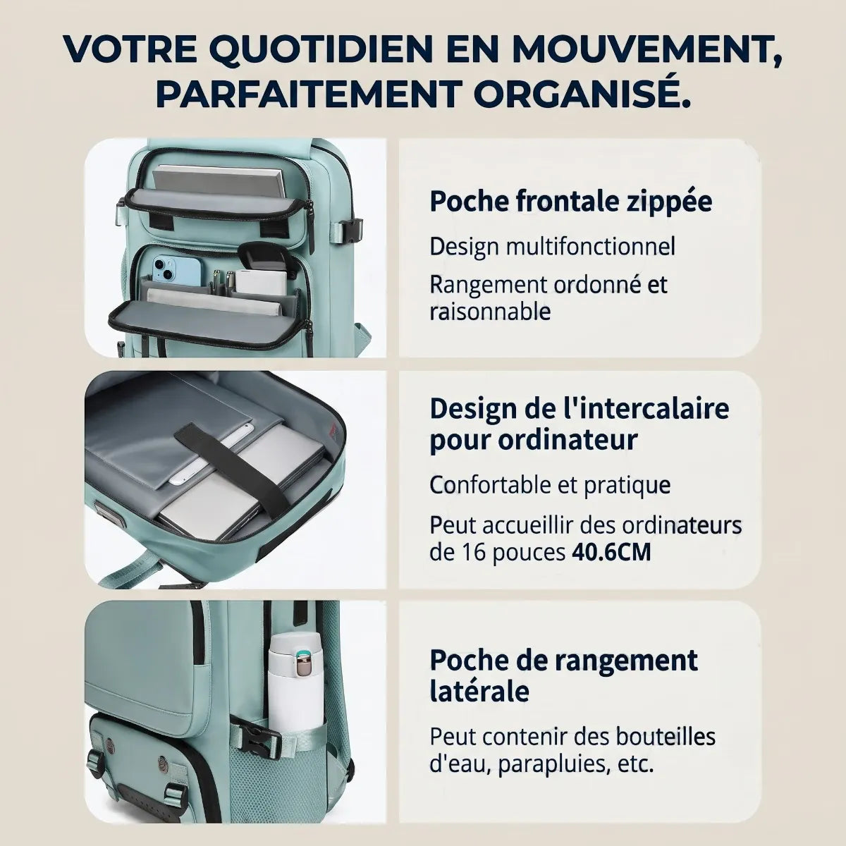 Vue détaillée des poches intérieures et de l'intercalaire PC 16 pouces du sac à dos ordinateur femme Viatrix.