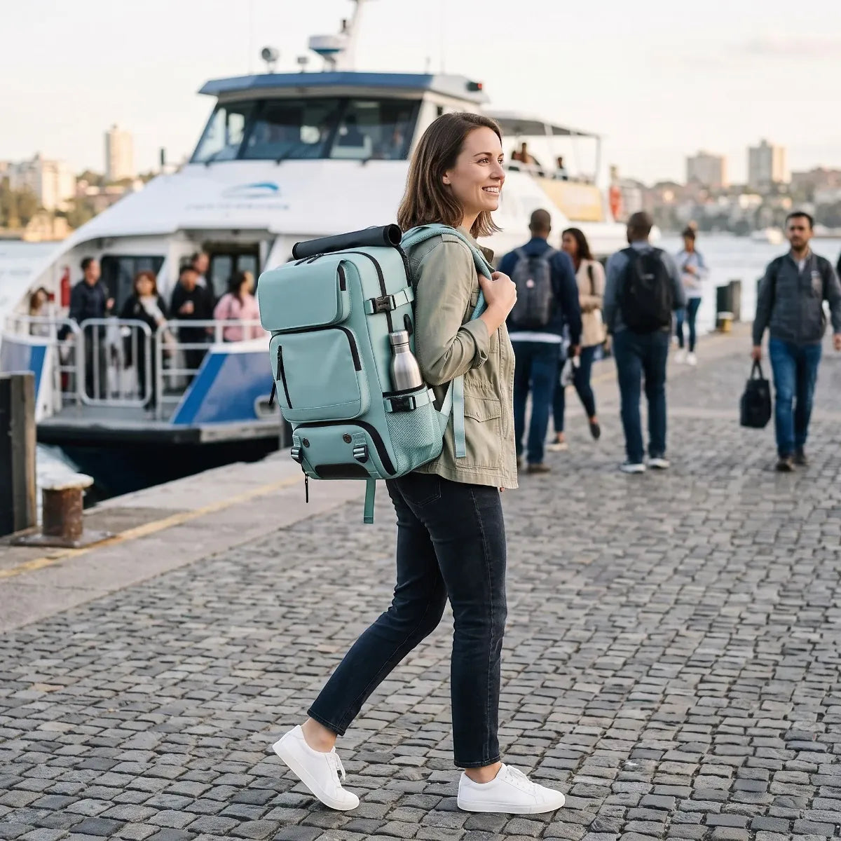 Femme active en déplacement portant le sac à dos ordinateur femme Viatrix au bord de l'eau.