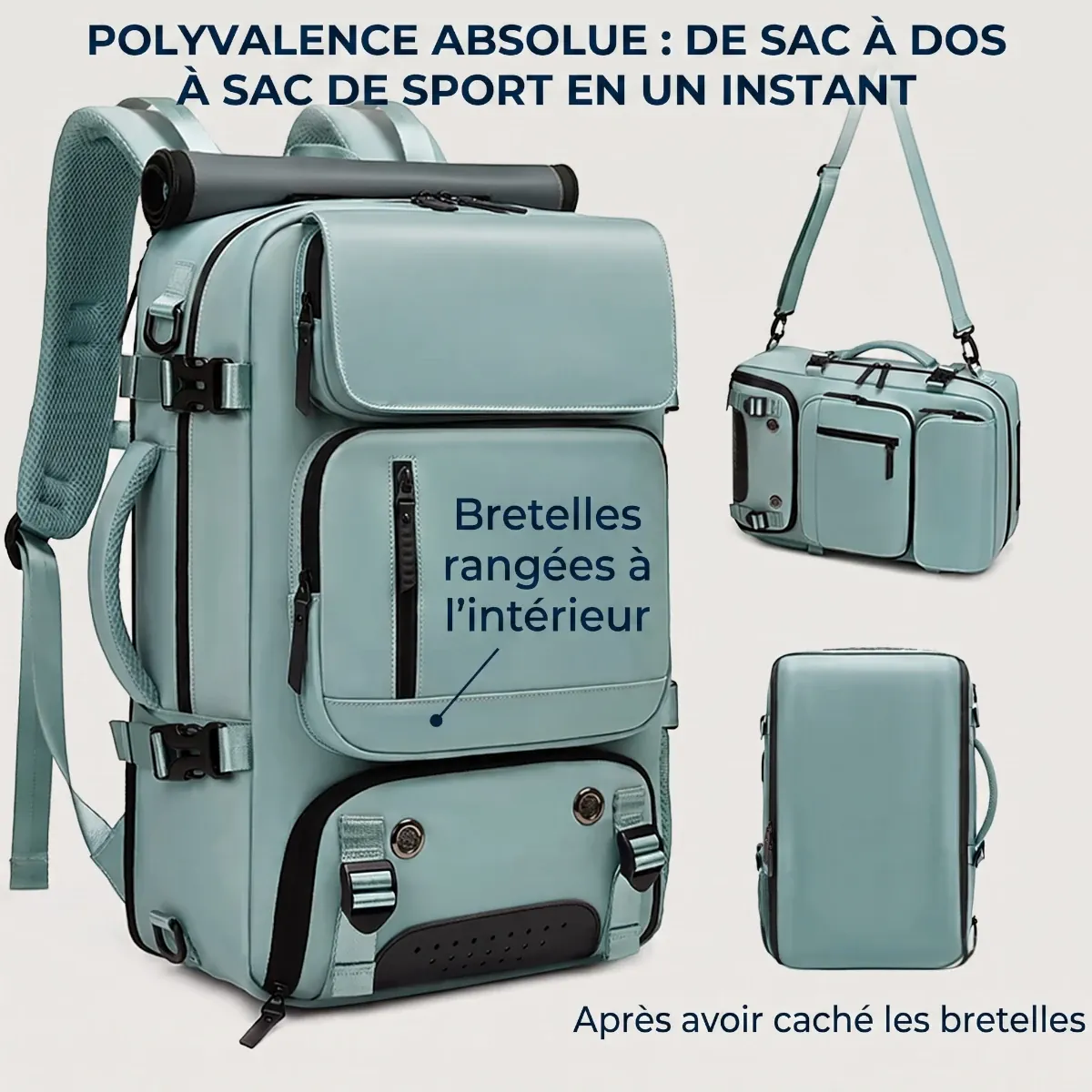Démonstration de la polyvalence de portage du sac à dos ordinateur femme Viatrix convertible.