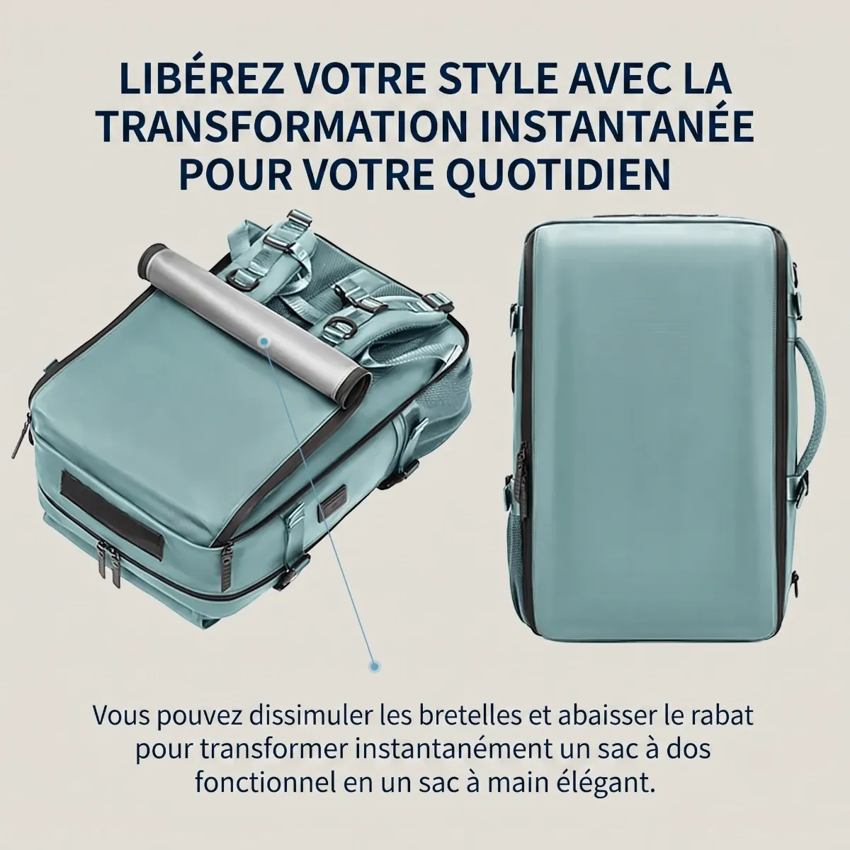 Explication du système pour dissimuler les bretelles du sac à dos ordinateur femme Viatrix.
