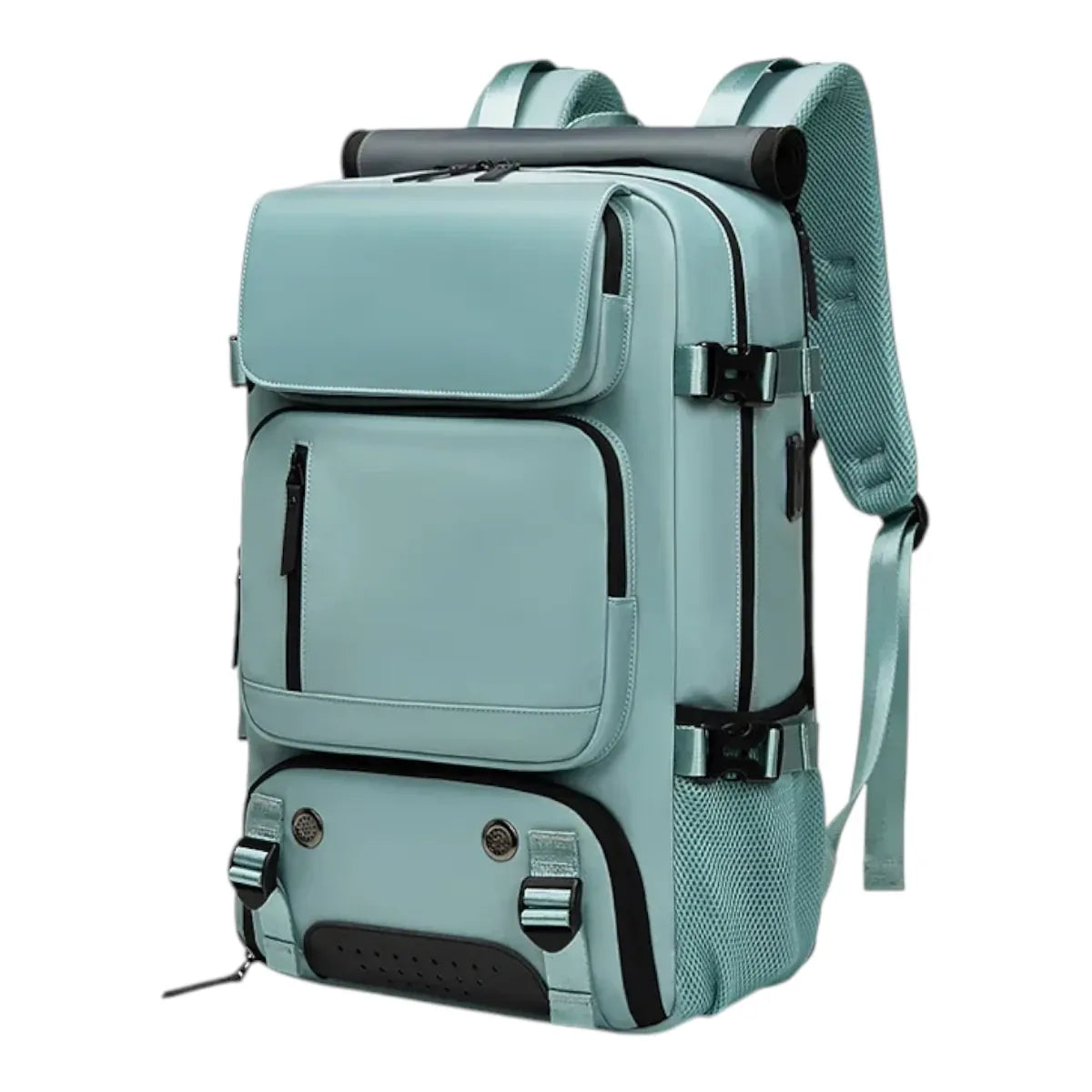 Sac à dos ordinateur femme Viatrix coloris Vert Eau, vue de trois quarts sur fond blanc.