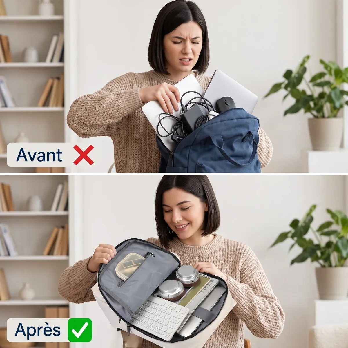 Comparatif avant/après du rangement avec le sac à dos ordinateur femme Zéphira