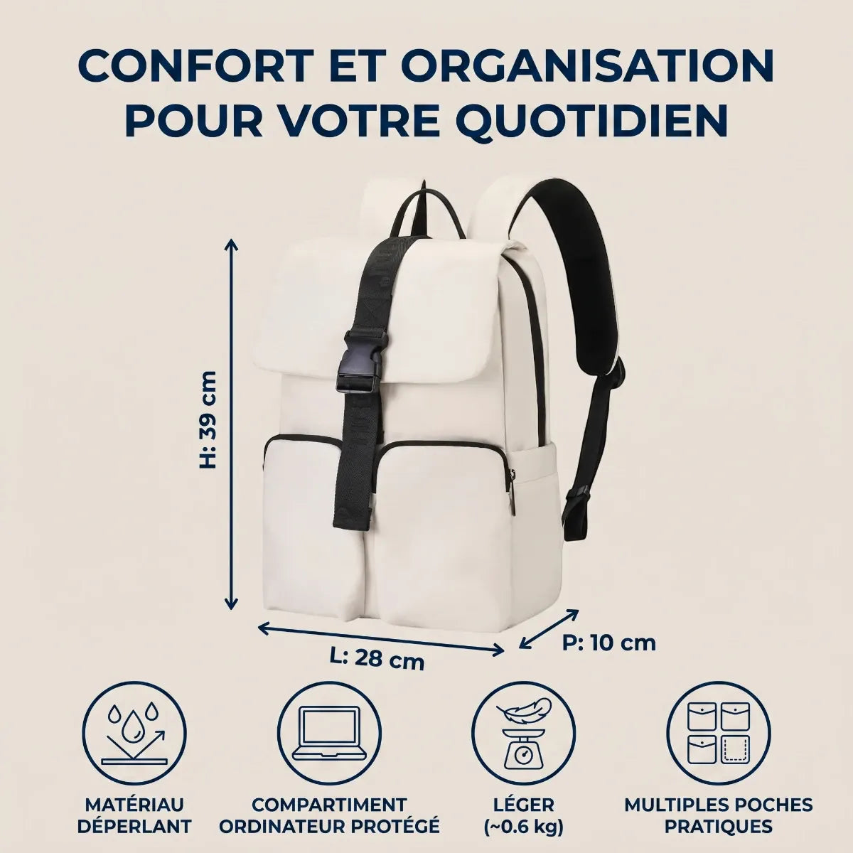 Dimensions et caractéristiques techniques du sac à dos ordinateur femme Zéphira