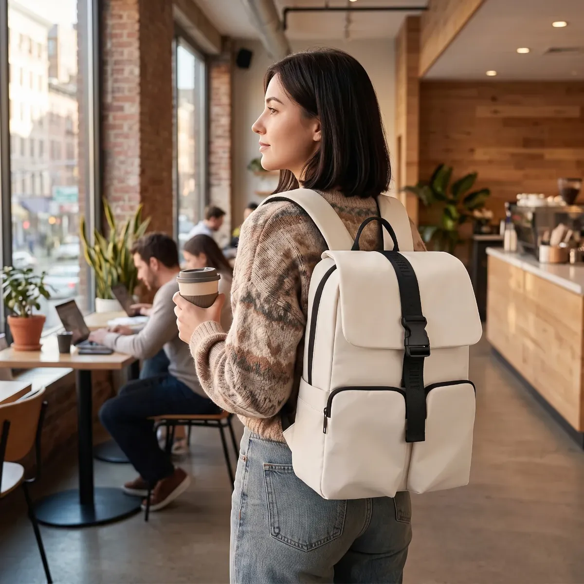 Femme portant le sac à dos ordinateur Zéphira beige dans un café