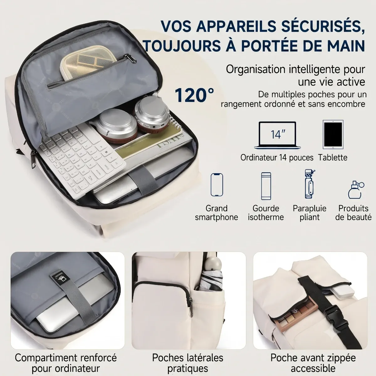 Organisation intérieure et poches du sac à dos ordinateur femme Zéphira