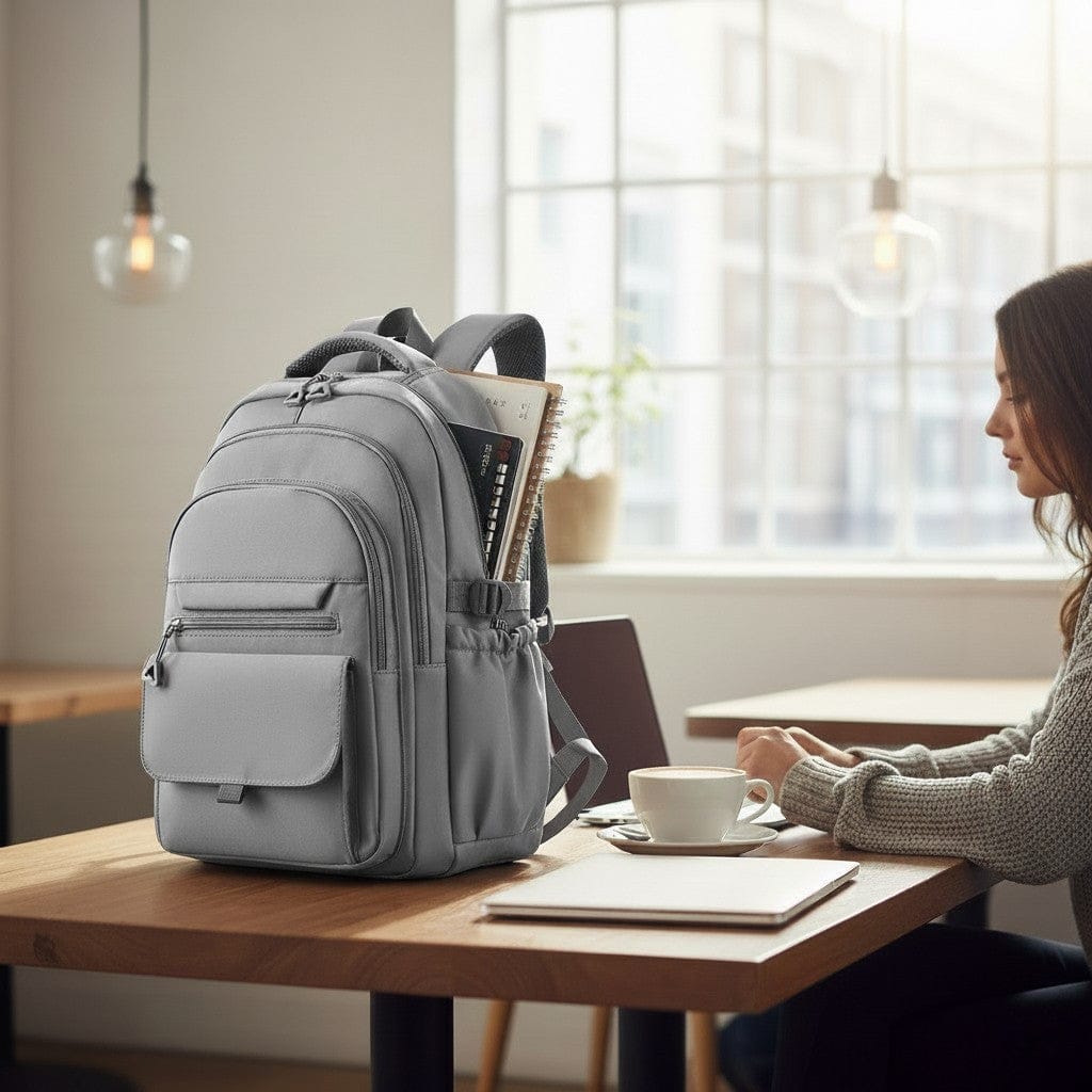 Sac à dos ordinateur gris multi-poches posé sur table de café en bois avec femme travaillant sur ordinateur portable, tasse de café et carnet dans un espace lumineux