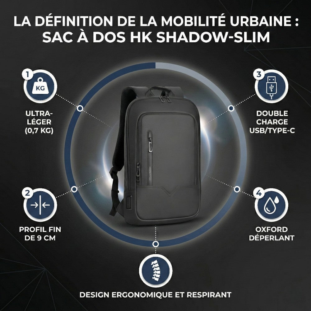 Infographie des caractéristiques du sac à dos HK Shadow-Slim : ultra-léger 0.7kg, profil fin 9cm et double port USB/Type-C.