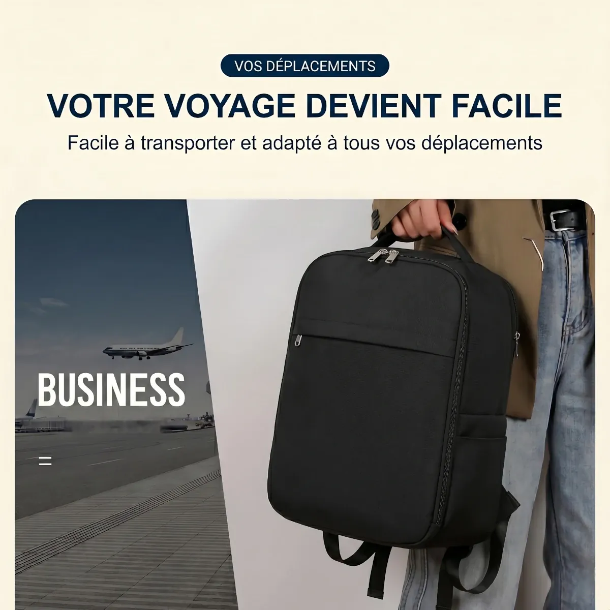 Sac à dos ordinateur homme AeroStream noir tenu à la main lors d'un déplacement professionnel business.