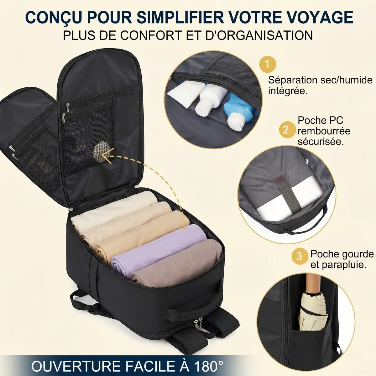 Compartiment intérieur du sac à dos ordinateur homme AeroStream avec ouverture à 180 degrés pour vêtements.