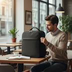 Professionnel nomade utilisant le sac à dos ordinateur homme AeroStream assis à la table d'un café.