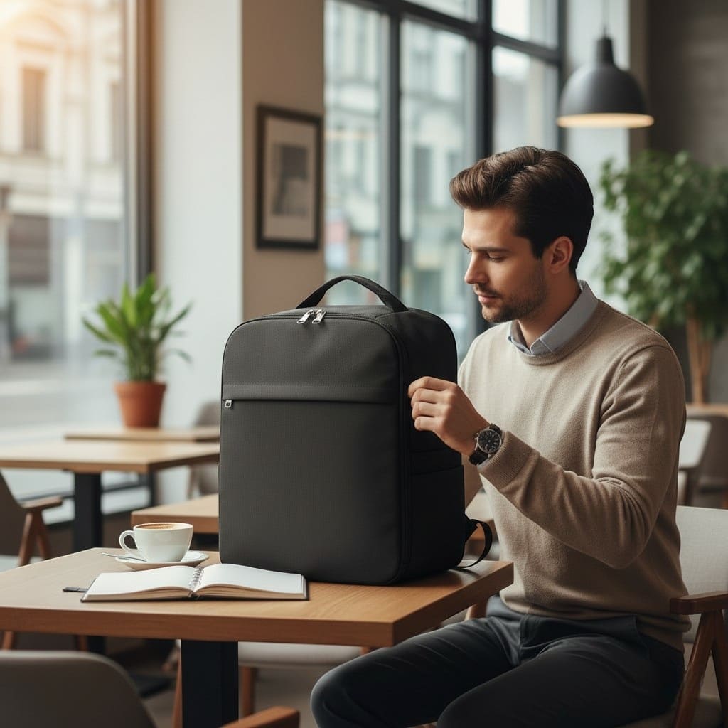 Professionnel nomade utilisant le sac à dos ordinateur homme AeroStream assis à la table d'un café.