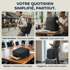 Infographie en 4 parties du sac à dos ordinateur homme AeroStream montrant ses différents usages : trajets quotidiens, télétravail au café, réunion d'affaires (sac ouvert à 180°) et voyage pro à l'aéroport.