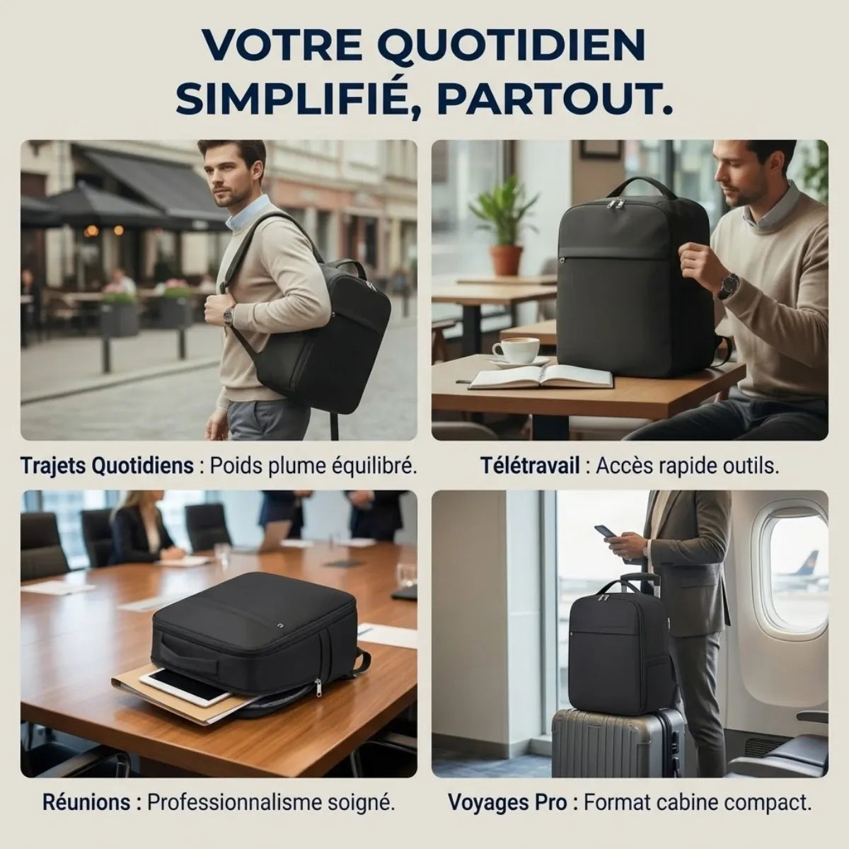 Infographie en 4 parties du sac à dos ordinateur homme AeroStream montrant ses différents usages : trajets quotidiens, télétravail au café, réunion d'affaires (sac ouvert à 180°) et voyage pro à l'aéroport.