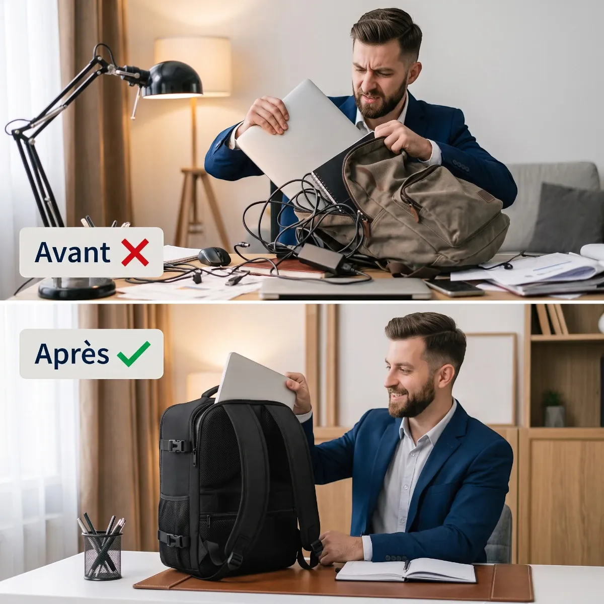 Comparatif avant et après rangement avec le sac à dos ordinateur homme AeroVault
