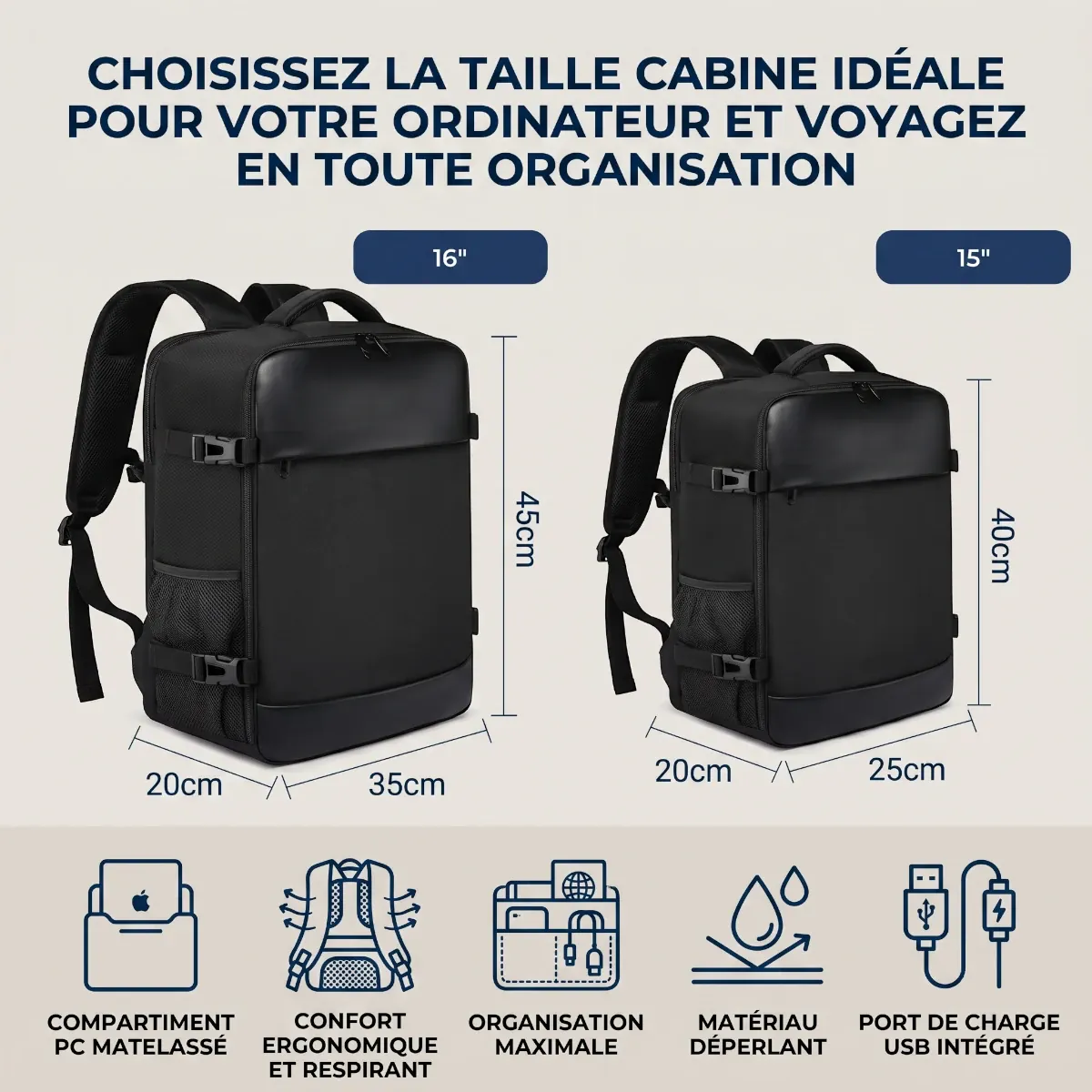 Dimensions en cm et tailles cabine 15" et 16" du sac à dos ordinateur homme AeroVault