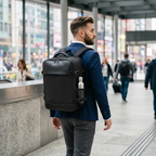 Homme actif portant le sac à dos ordinateur homme AeroVault en environnement urbain
