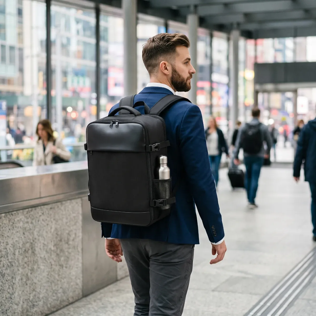 Homme actif portant le sac à dos ordinateur homme AeroVault en environnement urbain