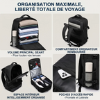 Présentation des compartiments du sac à dos ordinateur homme AeroVault : grand volume principal pour vêtements, compartiment PC rembourré, rangement à 180° et poches d'accès rapide.
