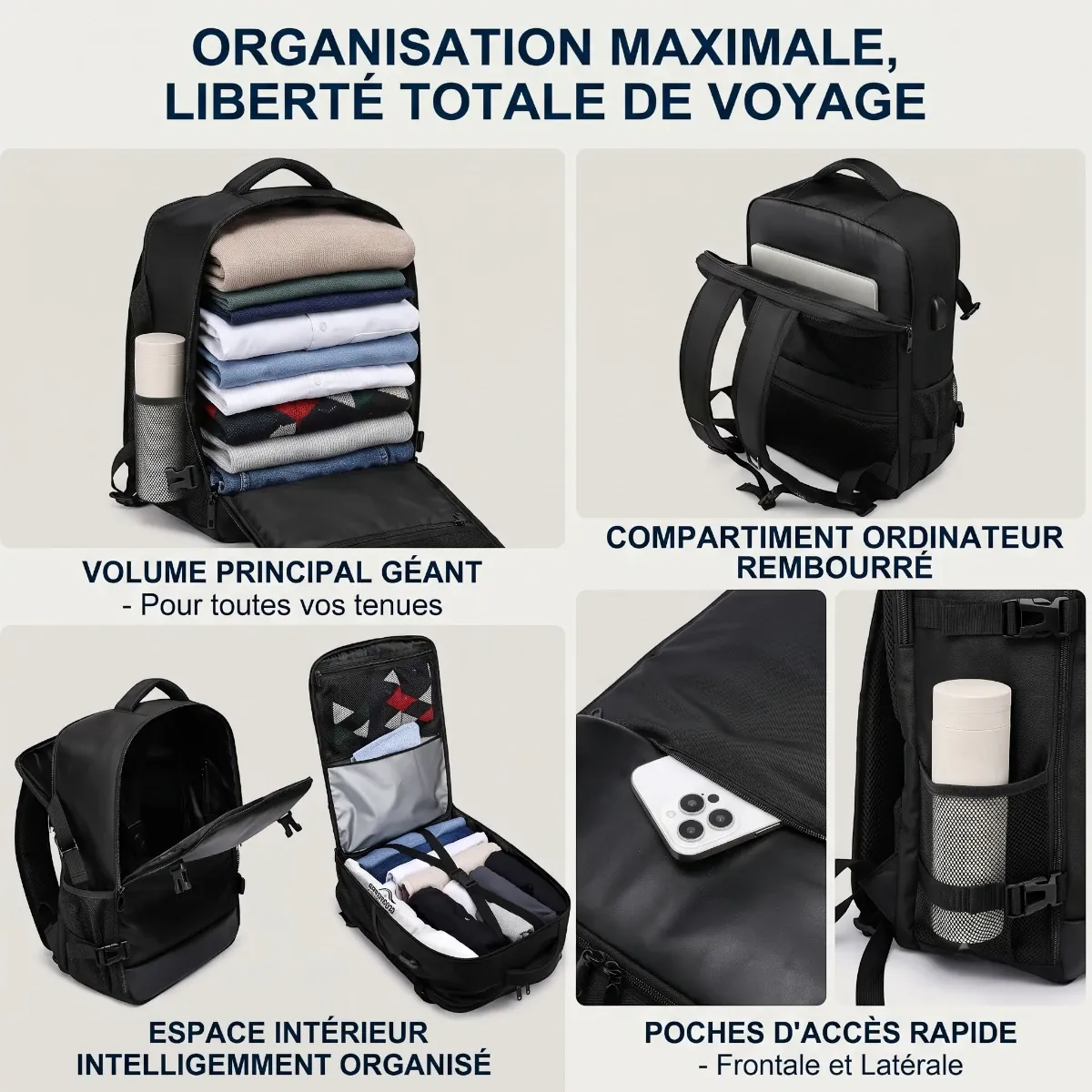 Présentation des compartiments du sac à dos ordinateur homme AeroVault : grand volume principal pour vêtements, compartiment PC rembourré, rangement à 180° et poches d'accès rapide.