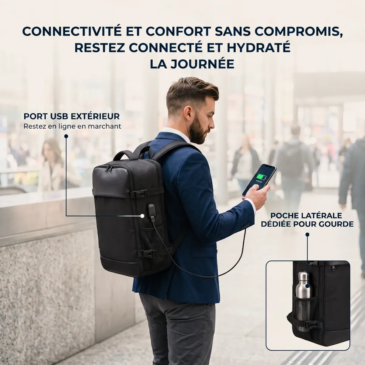 Recharger son téléphone via le port USB extérieur du sac à dos ordinateur homme AeroVault