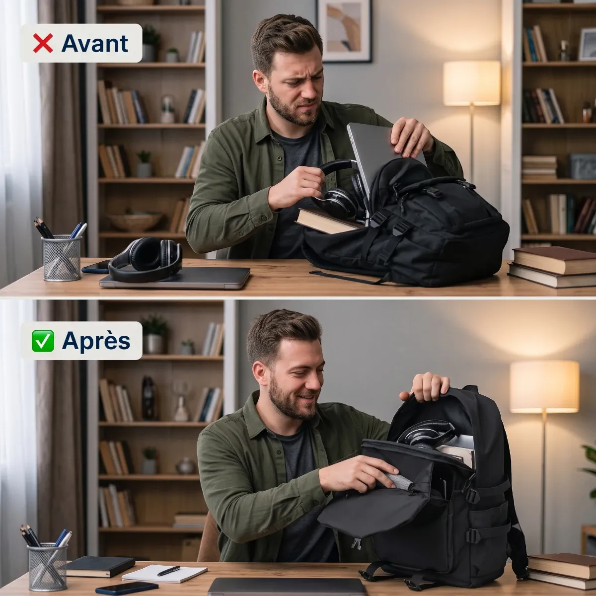 Avant après utilisation du sac à dos ordinateur homme Asymek pour l'organisation