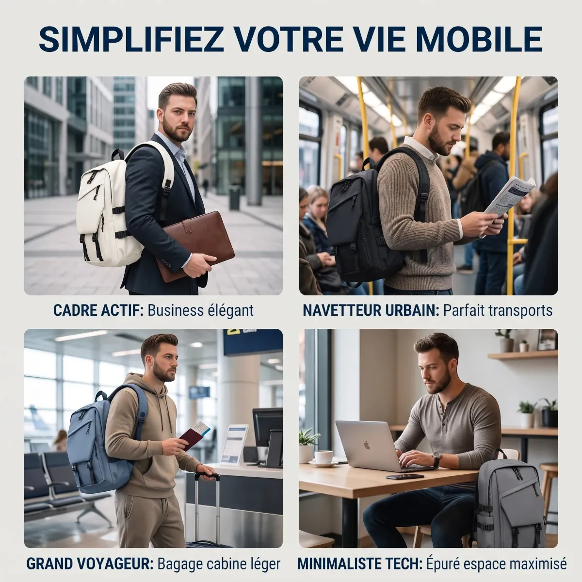 Différents cas d'usage urbains et professionnels du sac à dos ordinateur homme Asymek
