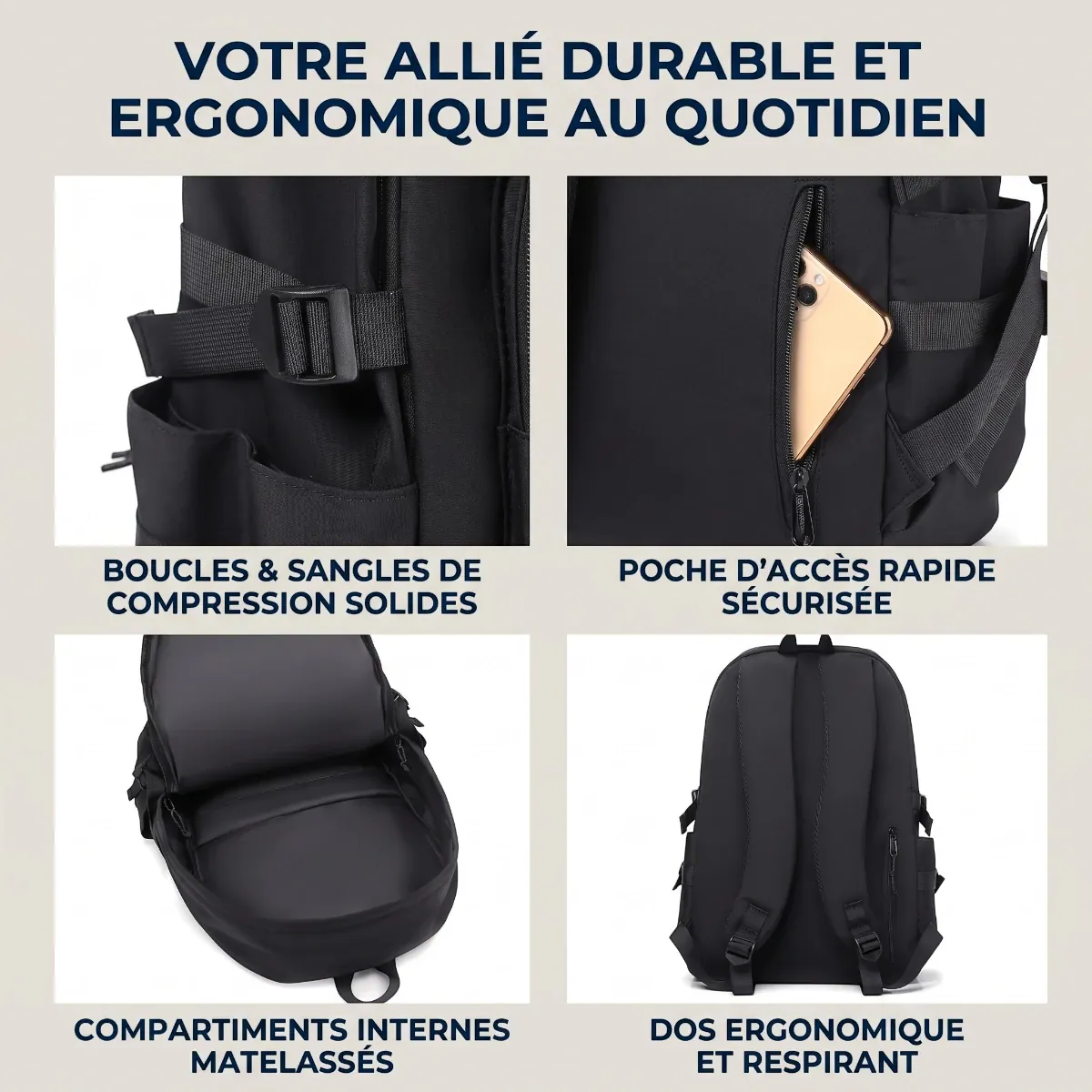 Détails, finitions et poches du sac à dos ordinateur homme Asymek