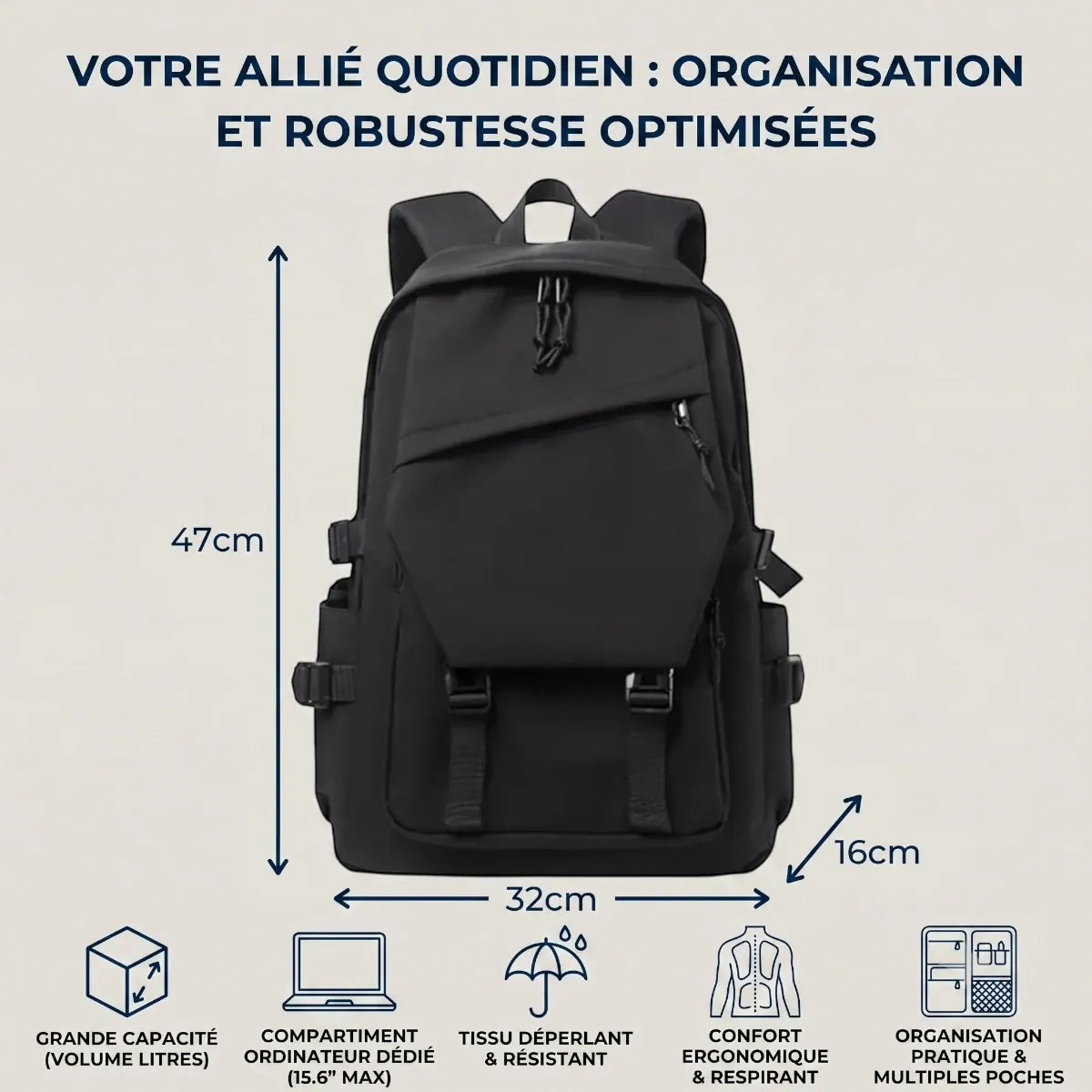 Dimensions, capacité et caractéristiques du sac à dos ordinateur homme Asymek