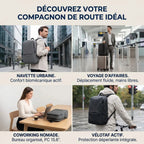 Infographie illustrant les quatre situations d'usage du Sac à dos ordinateur homme Classic Business V2 : navette urbaine quotidienne, voyage d'affaires sur valise trolley, coworking nomade avec PC 15.6 pouces et vélotaf actif sous la pluie.
