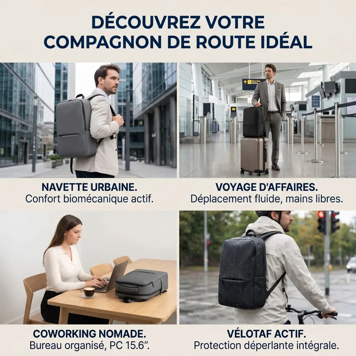 Infographie illustrant les quatre situations d'usage du Sac à dos ordinateur homme Classic Business V2 : navette urbaine quotidienne, voyage d'affaires sur valise trolley, coworking nomade avec PC 15.6 pouces et vélotaf actif sous la pluie.
