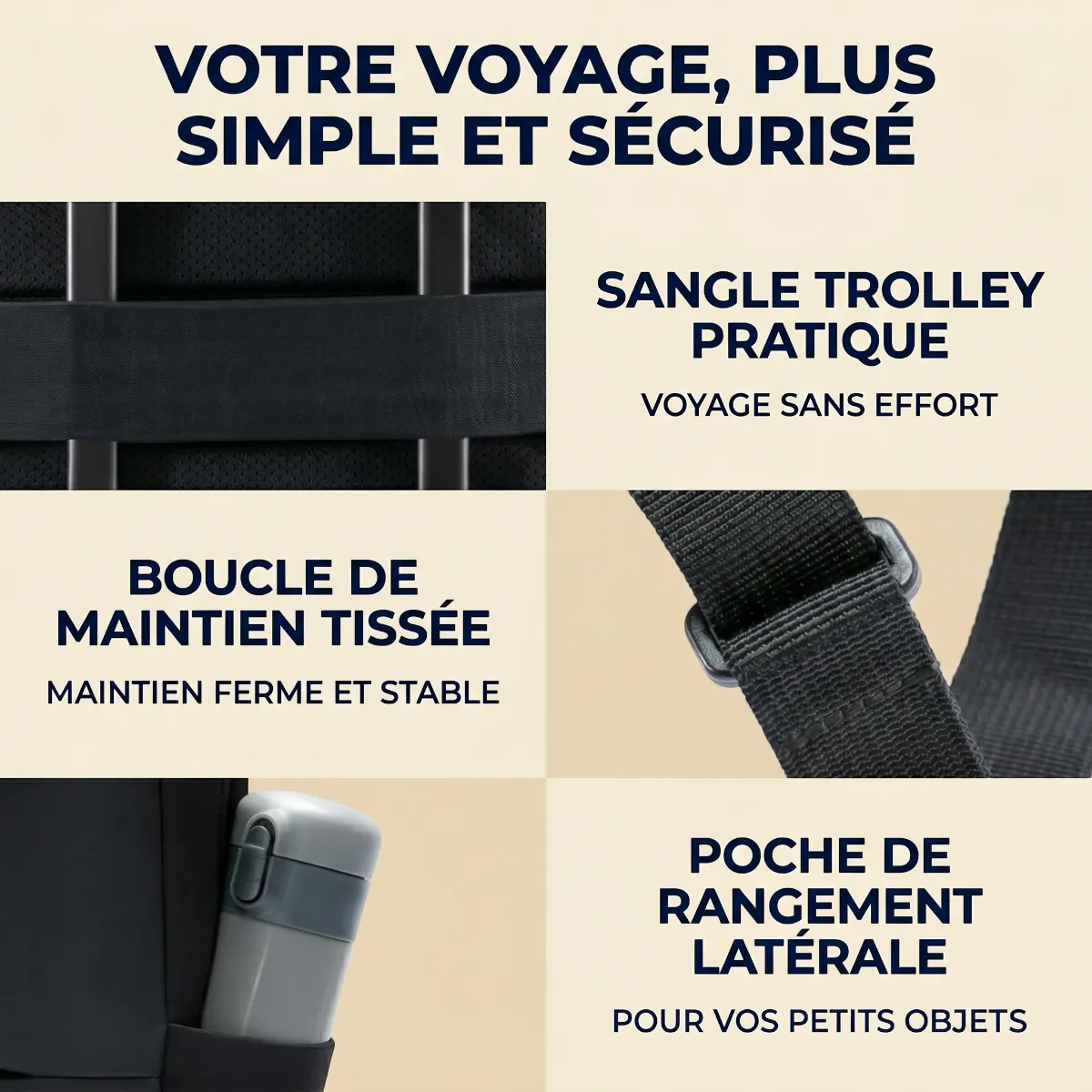 Détails de la sangle trolley, de la boucle de maintien et de la poche latérale du Sac à dos ordinateur homme Classic Business V2.